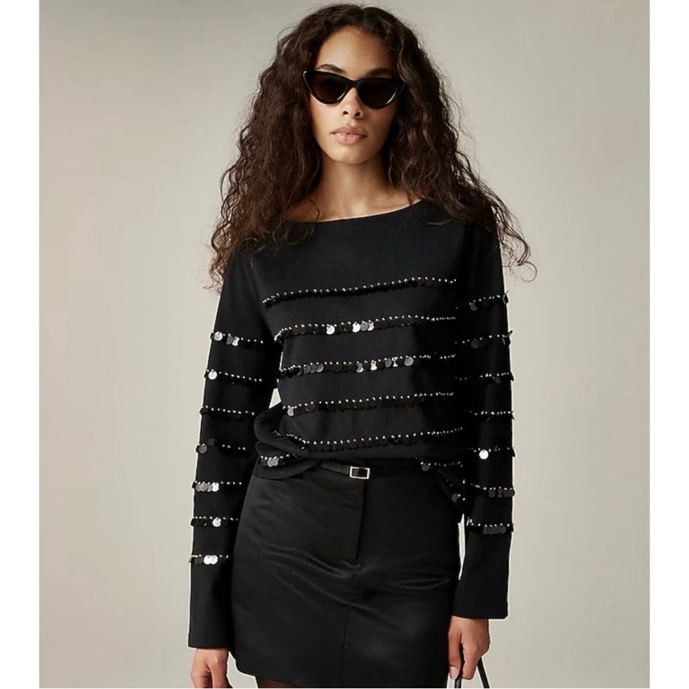 NWT J. Crew Heavy Jersey Long-sleeve T-shirt Paillette Embellishment Black